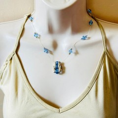 VTG sky blue crystal beaded Floating Necklace jeweled Sterling .925 Y2K 90s 17″
