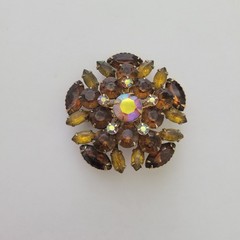 Vintage Gold Tone Amber AB Marquis and Round Clear Rhinestone Brooch Pin