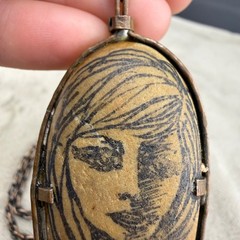 Vintage Necklace Hand Painted Portrait Double Sided Egyptian Revival Copper 28”