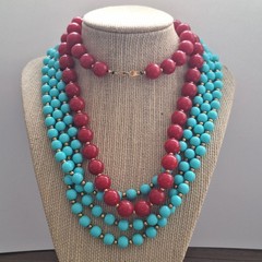 Vintage Red Lucite 30″ & Turquoise Acrylic Bead 60″ Necklace Lot opera Boho