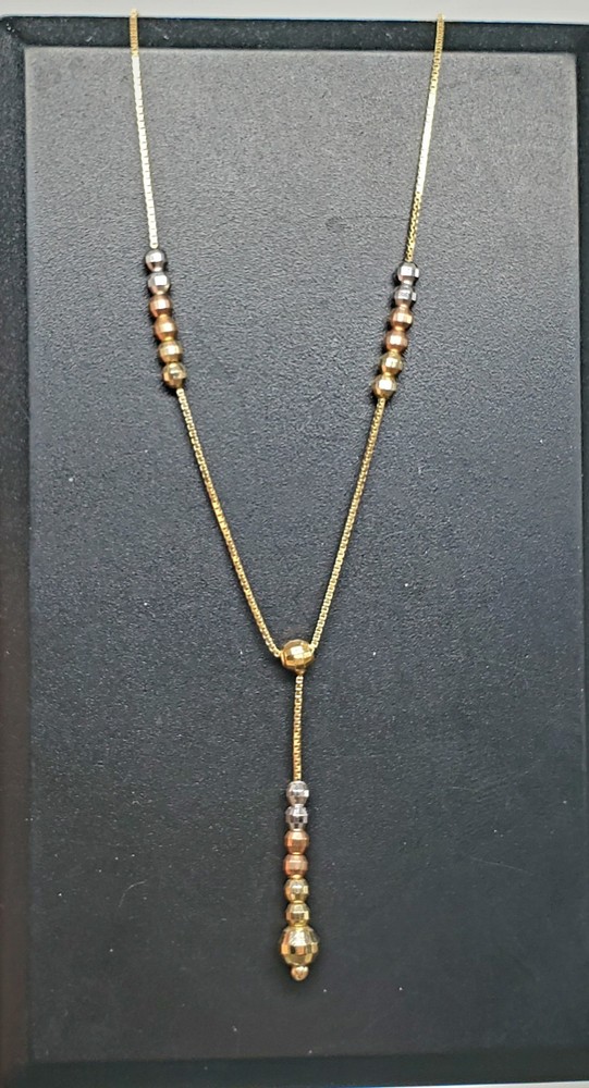 Vintage 14k Yellow Gold & Tri-Gold Faceted Bead Station Y Drop Necklace 16.5″