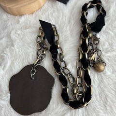 LANVIN Collection Necklace Pendant Gold Plated Black Ribbon Statement