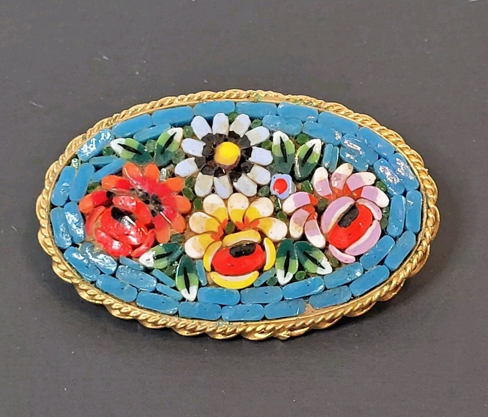 Italian Mosiac Flower Brooch Aqua Background Multicolor Flowers Italy 1.75″