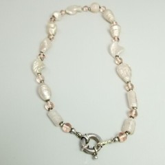Vintage Light Pink Glass Beaded Necklace with Oversized Spring Ring, Silver Tone
