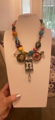 Vintage Statement Fun Party Necklace 19″ Lg Glass Multicolored Beads w/pendants
