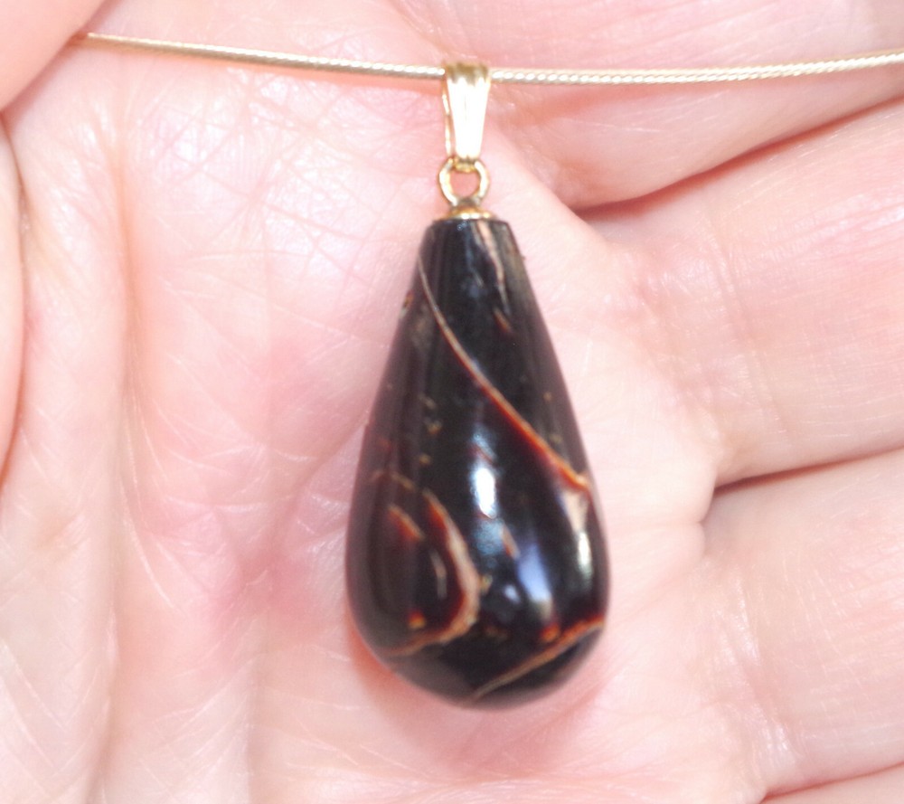 Genuine Vintage 14K Carved 45MM Elongated Teardrop Black Coral Pendent