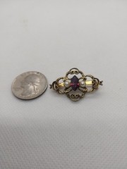 Vintage Gold-Tone Filigree Brooch Purple Marquise Shape Glass Stone Faux Pearl