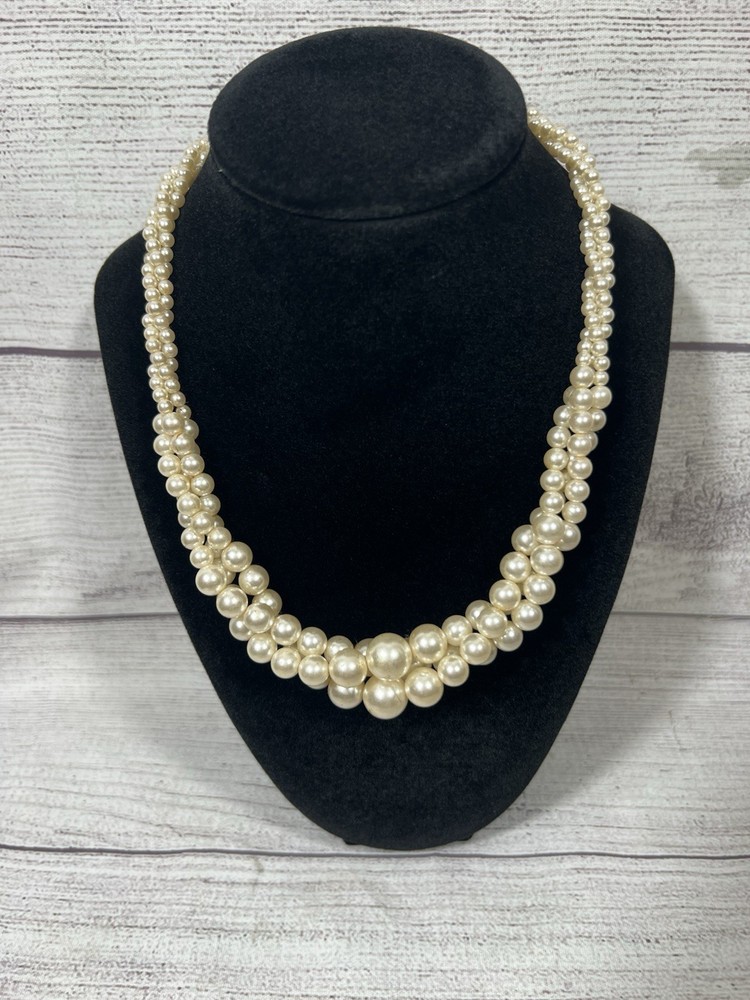 RMN Faux Pearl Necklace Double Strand Graduated Beads 17.75” Gold Tone Clasp