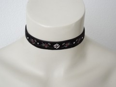 Velvet Choker Necklace Black Embroidered Rhinestone Folk Gothic 4.8 G/34.5-39Cm
