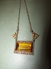 Vtg/Antique Art Deco Czech Filigree Necklace w/Amber Colored Stone