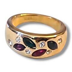 Vintage 18K HGE Multi Color Rhinestone Cocktail Ring Wide Band Statement Sz 5