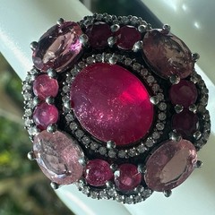 Vintage Cocktail Ring Size 5.75 Natural Tourmaline Ruby Gems 925 Sterling 7.0g