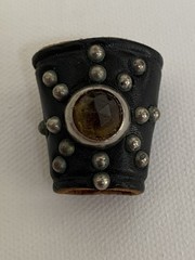 Vintage Leather and Silver Beaded Scarf Slider with Amber Stone