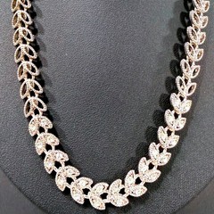 Rhinestone Leaf Link Necklace Women Silver Tone Elegant Vintage Style Jewelry