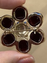 Gold Tone Red CZ & Rhinestone Flower Gardenia Flower Brooch Pin Nature Garden