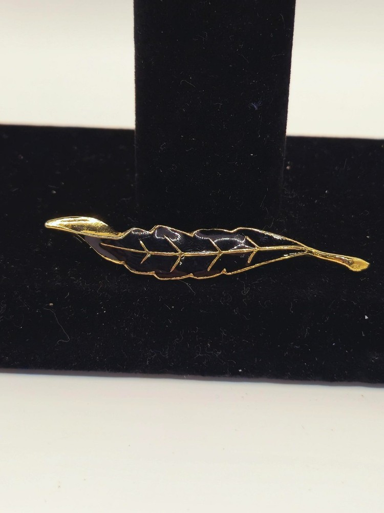Vintage gold Plate Black Enamel Cloisonne Leaf Brooch