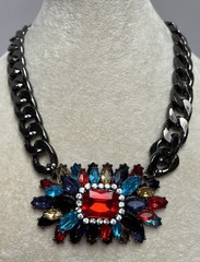 Vintage Gun Metal Thick Chain Multicolor Acrylic Rhinestone Pendant Necklace 18”