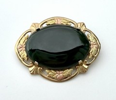 2 Vintage Oval Brooches, 12k GF, LSP Co., JJJ, Dark Green, MTGold Leaf Floral