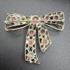 Vintage Coro Pink Moonglow Cabochon Bow Rhinestone Red Enamel Brooch Pin 2.5”