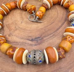 Moroccan Necklace, With Resin Copal, Enamel & Buffalo Horn Discs