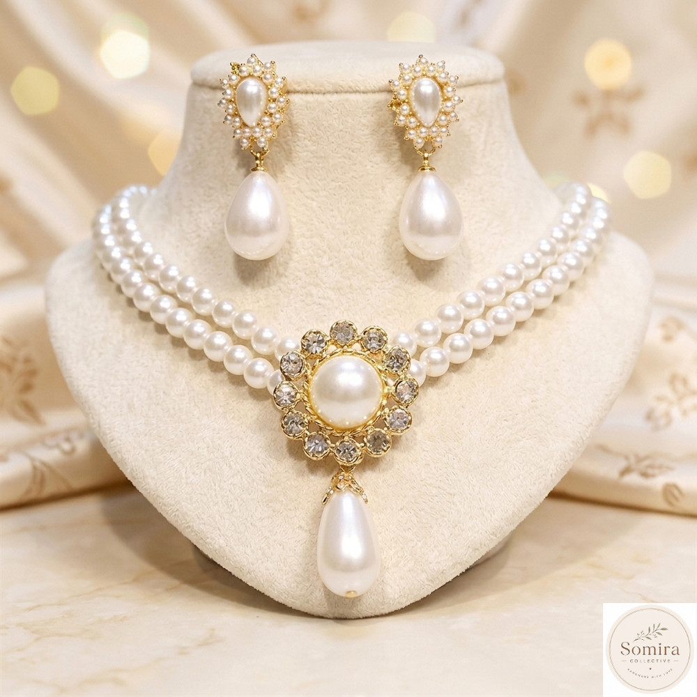 Vintage Pearl Set, Double Strand Necklace and Teardrop Earrings