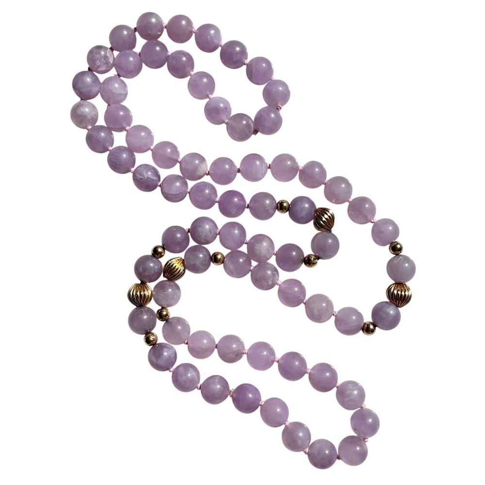VINTAGE PASTEL PURPLE LAVENDER AMETHYST BEADED NECKLACE 14K GOLD RIBBED BEADS