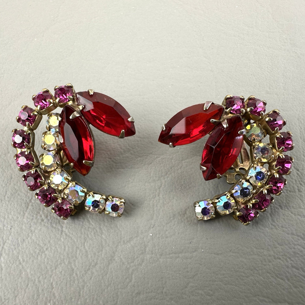 Vintage Clip Earrings Red Pink AB Rhinestone Gold Tone