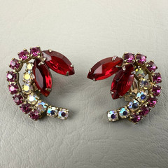 Vintage Clip Earrings Red Pink AB Rhinestone Gold Tone