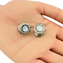 B&W Co. Marked Patented Octagon Platinum Plated Abalone Snap Cufflinks