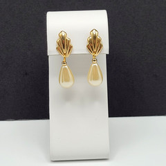 Art Deco Style Faux Pearl Teardrop Gold Tone Scallop Fan Classy Mermaid Earrings