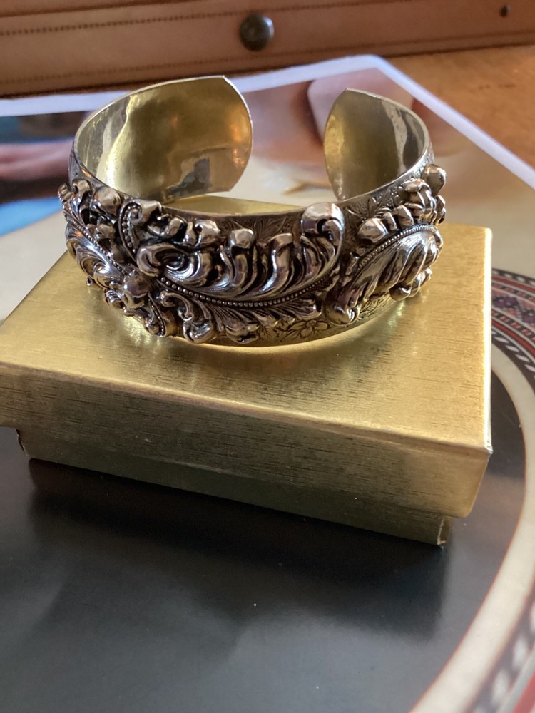 Vintage Silver Tone Art Nouveau Antique Style Repousse Cuff Bracelet Rare Find
