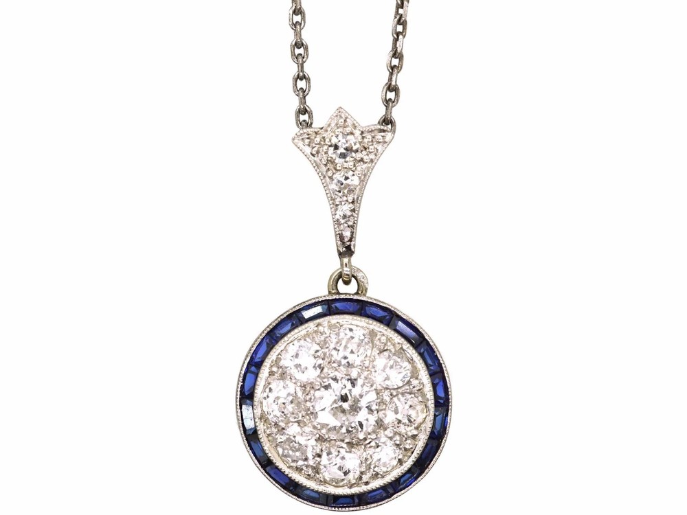 Art Deco Style Lab-Created Diamond & Sapphire Wedding 14k White Gold FN Pendant