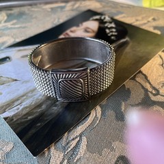 Vtg Brutalist Silvertone Hinged Cuff Bracelet -Textured – Modernist – Size 6.75”