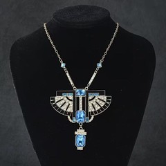 Art Deco Style Blue Glass & Crystal Pendant Necklace Gold Tone Egyptian Revival