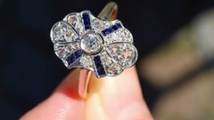 Art Deco Lab Created Diamonds ring with Blue Sapphire 925 Sterling Silver Ring