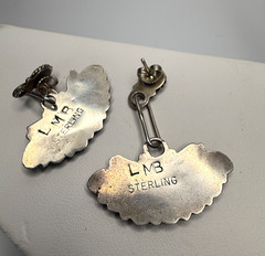 Vintage Sterling Silver & Mother of Pearl Fan Dangle Earrings With LMB Hallmark