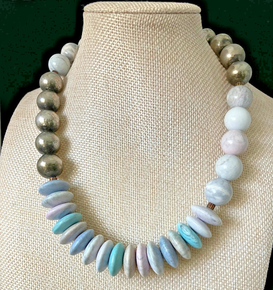 Vintage Polished Stone Necklace Pastel Blue Silver Tone Beaded