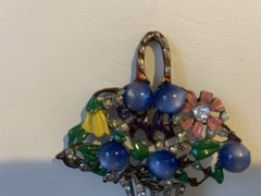 Vintage 1940’s CORO Enamel Rhinestone Blue Moonglow Flower Basket Brooch Pin