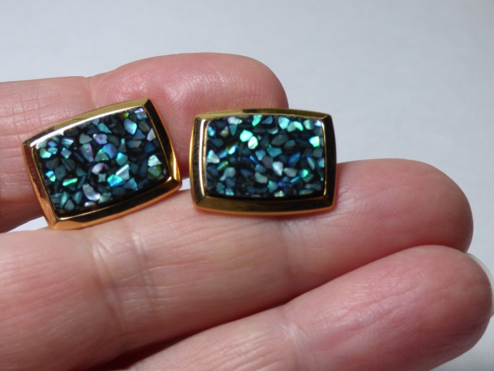 Fathers Day Rectangle Vibrant Inlay Abalone Gold Tone Cufflinks 3/4”