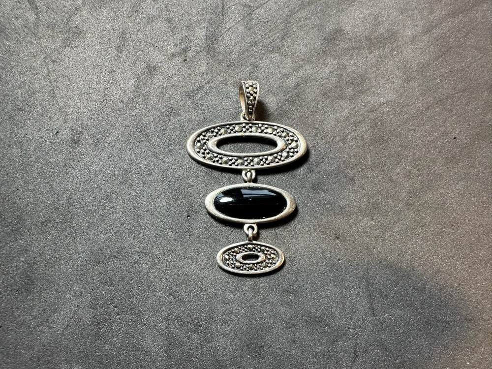 5.50g Sterling Silver Vintage 925 Black Marcasite Art Deco Link Pendant