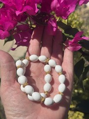 Vintage MONET White Oval Lucite Bead Necklace & Textured Rope Gold Spacers 16″