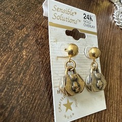 Sensible Solutions Earrings Handbag Shape Golden Tone 24k Gold Overlay 0.8”L 0.5