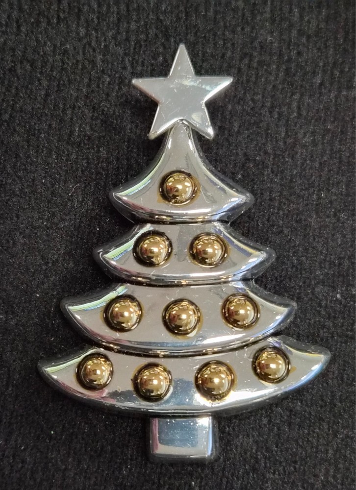 Vintage Signed BEST Silver Christmas Tree W/ Gold Ornaments Pendant Pin / Brooch