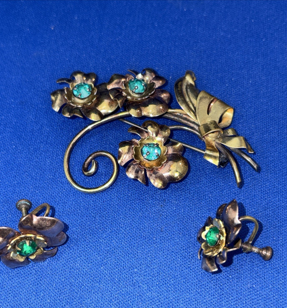 Vintage Gold & Rose Tone Flower Green Rhinestones Brooch & Earrings Set 1/20 12k