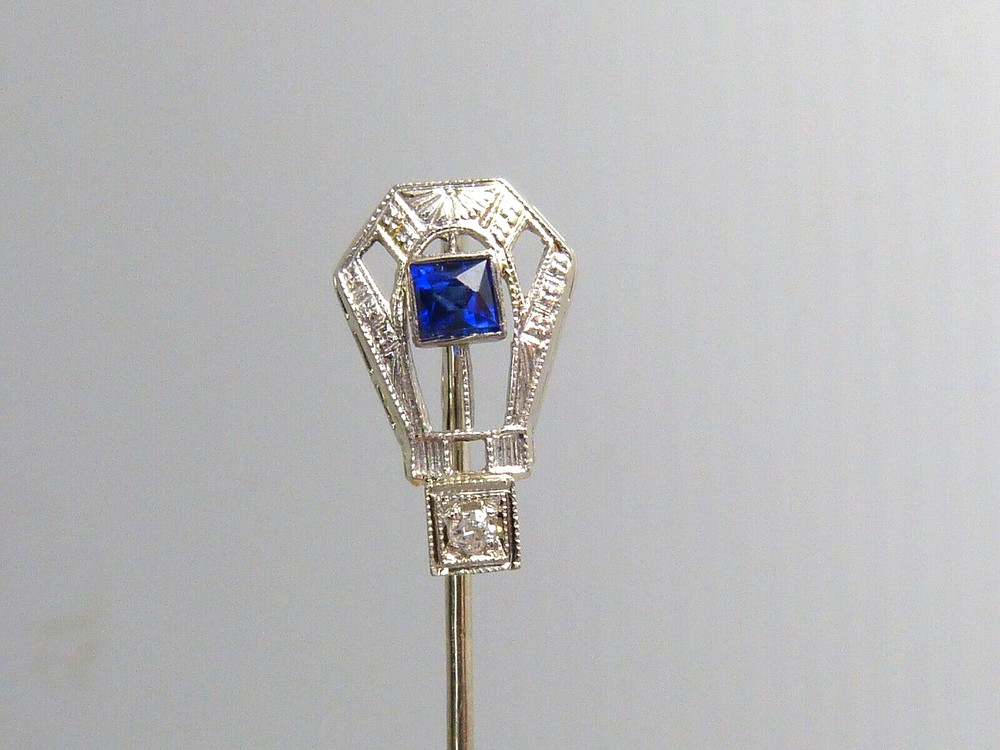 Vintage / Antique 14K White Gold , Sapphire & Diamond Stick Pin J Estate Find !