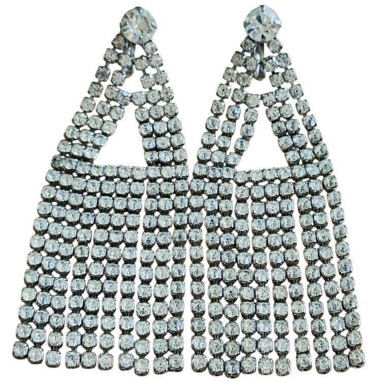 Sparkly Statement Earrings VTG Clip Crystal Austrian Rhinestone Dangle Waterfall