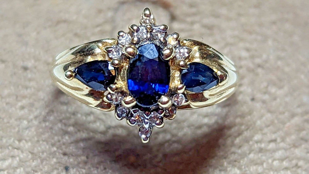 10K YELLOW GOLD SAPPHIRES DIAMONDS RING SIZE 7 SIGNED 10K ADL 3.1+ GRAMS