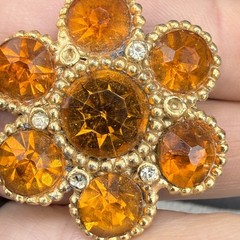 Vintage Rhinestone Brooch Gold Tone Orange Rhinestone Flower READ