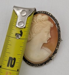 800 Silver Carved Shell Cameo Pin Brooch w/ Marcasite Antique 4.5cm x 3.5cm
