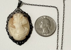 Vintage Victorian Revival Sterling Silver Carved Shell Cameo Pendant Necklace